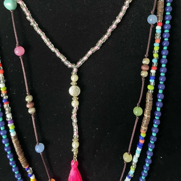 Layered Beaded Corded Boho Necklace with Tassels Mixed Glass Wood Acrylic Beads - Picture 3 of 4